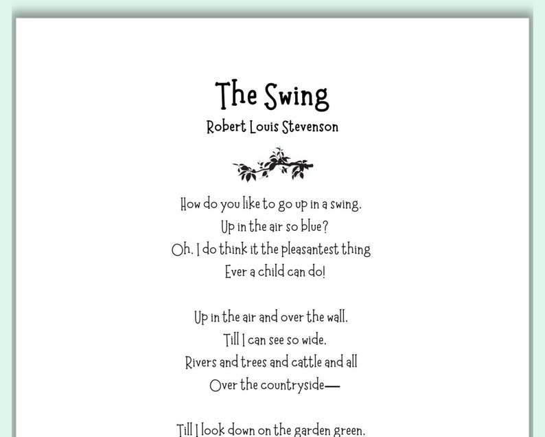 The Swing Poem Print by Robert Louis Stevenson Digital Download Printable Child's Garden of Verses image 3