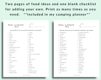 Printable Camping Basics Food Checklist for Glamping | Digital Shopping check list