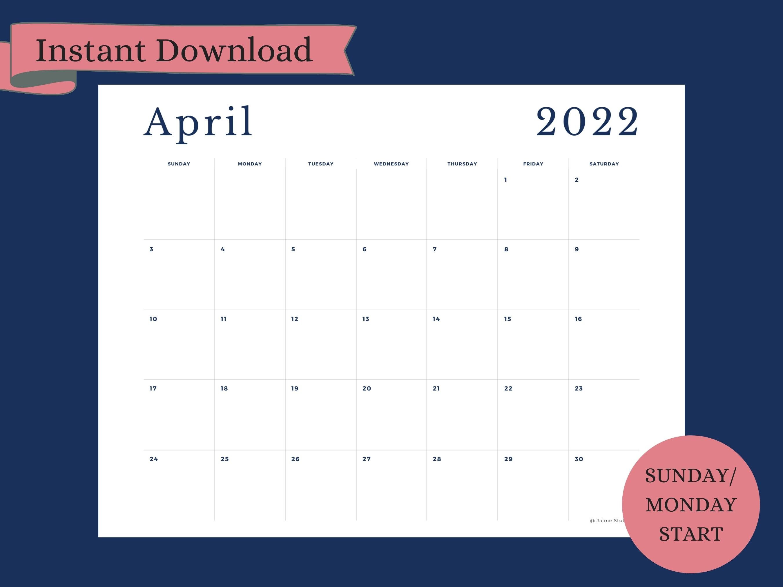 april 2022 printable blank calendar instant download monthly etsy