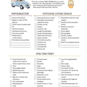 May include: A printable camping checklist with sections for information, outdoor living space, and items for the tent. The checklist includes items like a tent, sleeping bags, and citronella candles. The text says "Printable Camping Checklist".