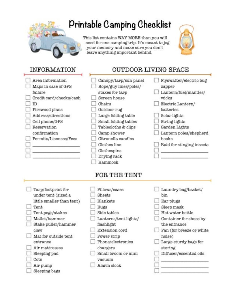 May include: A printable camping checklist with sections for information, outdoor living space, and items for the tent. The checklist includes items like a tent, sleeping bags, and citronella candles. The text says "Printable Camping Checklist".
