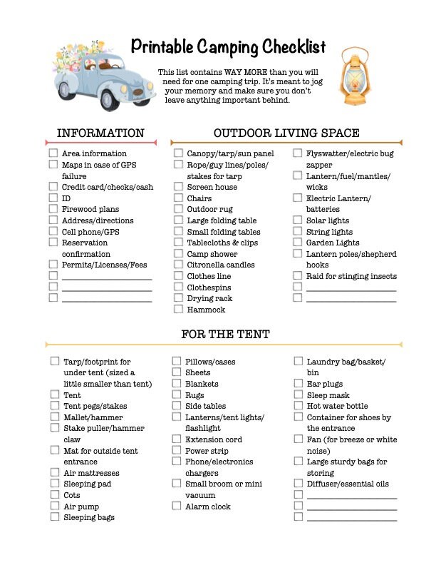Printable Camping Checklist Planner | Five Pages | Tent Glamping ...