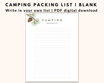 Printable BLANK Camping Checklist Planner  | Digital Packing Check List