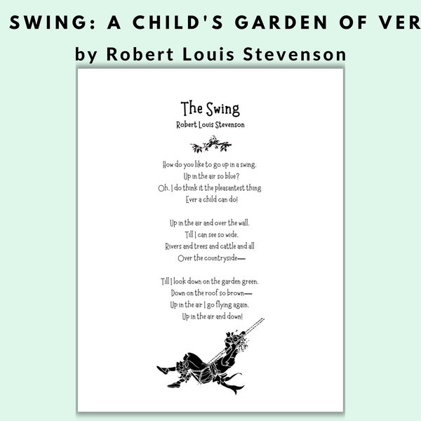 The Swing Poem Print by Robert Louis Stevenson | Digital Download Printable | Child's Garden of Verses