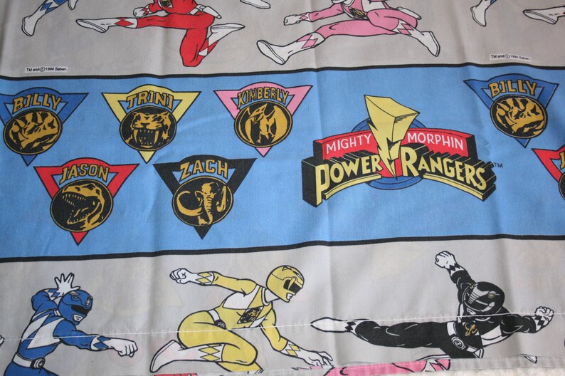 Mighty Morphin Power Rangers 1994 Flat Twin Sheet Excellent Condition Bold Color Kids Bedding Bedroom Sheet Animated Series Graphics