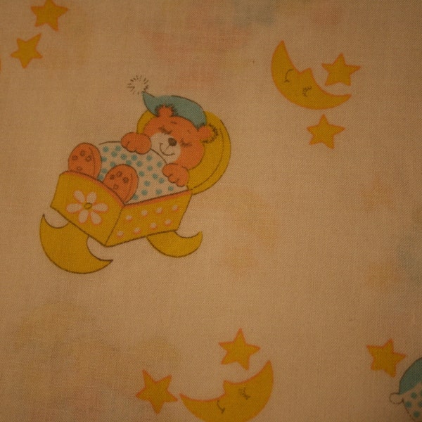 Crib sheet fitted vintage 50s baby bedding with bears and bunnies with pillows . Moons and stars yellow peachy pink blue on white