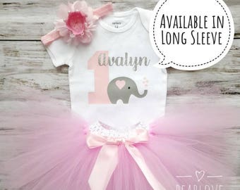 Elephant First Birthday Girl | Elephant Birthday Outfit | 1st Birthday Girl Outfit | Pink and Grey Dress | Cake Smash Outfit | Photo Prop