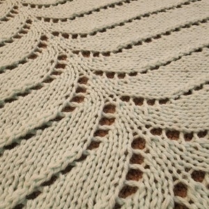 May include: Close-up of a light blue crocheted blanket with a lacy pattern. The blanket is made with a soft yarn and has a delicate, airy feel.
