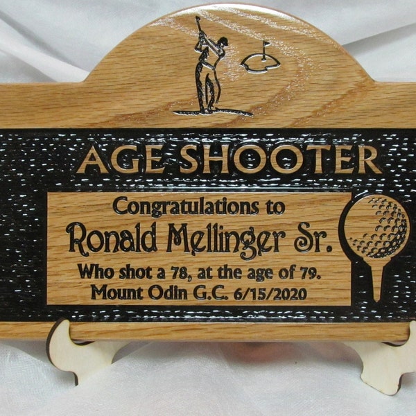 Customised Age Shooter Golf Plaque. Oak 250x250x18mm  10x10x3/4" .