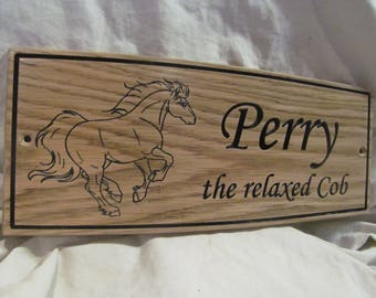 Customised Oak Wood Pony Sign / Pony Plaque  with Motif.  130x300x12mm 5 1/4x12x1/2"