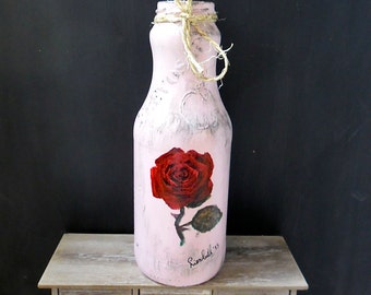 Hand painted pink bottle / red rose / flea bottle / home decor / flowers / upcycled art / gallery / Mother's Day Gift