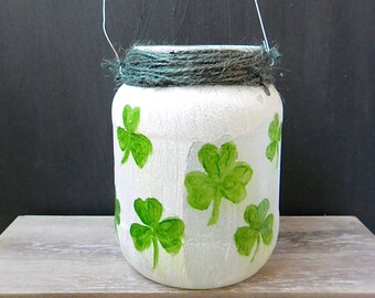 Hand Painted pot / St. Patrick's Day shamrock / lantern / art pots / upcycle artwork / green / home decoration / patio decor