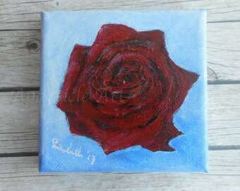 Small painting red rose sky blue acrylic artwork original handmade hand-painted wall art home decor decorations arts gallery flower floral