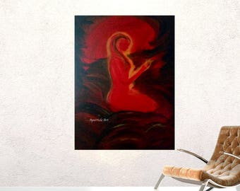 Original acrylic painting nude red woman sitting acrylic on canvas red brown dark home decor unique wallart zen Fantasy artwork hand painted