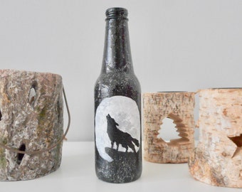 hand-painted bottle howling wolf full moon bottle black white decor decoration handmade home decor art artwork on beer bottle