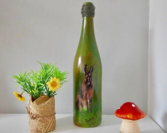 Hand painted bottle brown hare green high grass art on wine bottles fine artwork home decorations spring summer animals