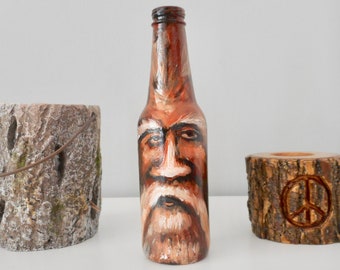 Hand painted bottle old man beard mustache fantasy art on bottles old man forest spirit inspired unique home decorative gifts