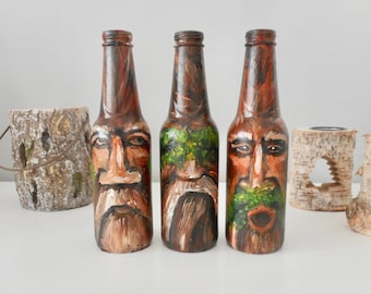 Hear no evil, see no evil, speak no evil hand painted bottles original art artwork old men by Aparticle home decor decorations fantasy art