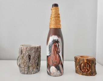 Hand-painted bottle of brown galloping horse artwork wine bottle fine art on bottles handmade home decoration unique gift decorations gifts
