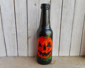 Halloween pumpkin hand painted beer bottle fine art on bottles jack o lantern orange black bottle acrylic artwork home terrace decoration