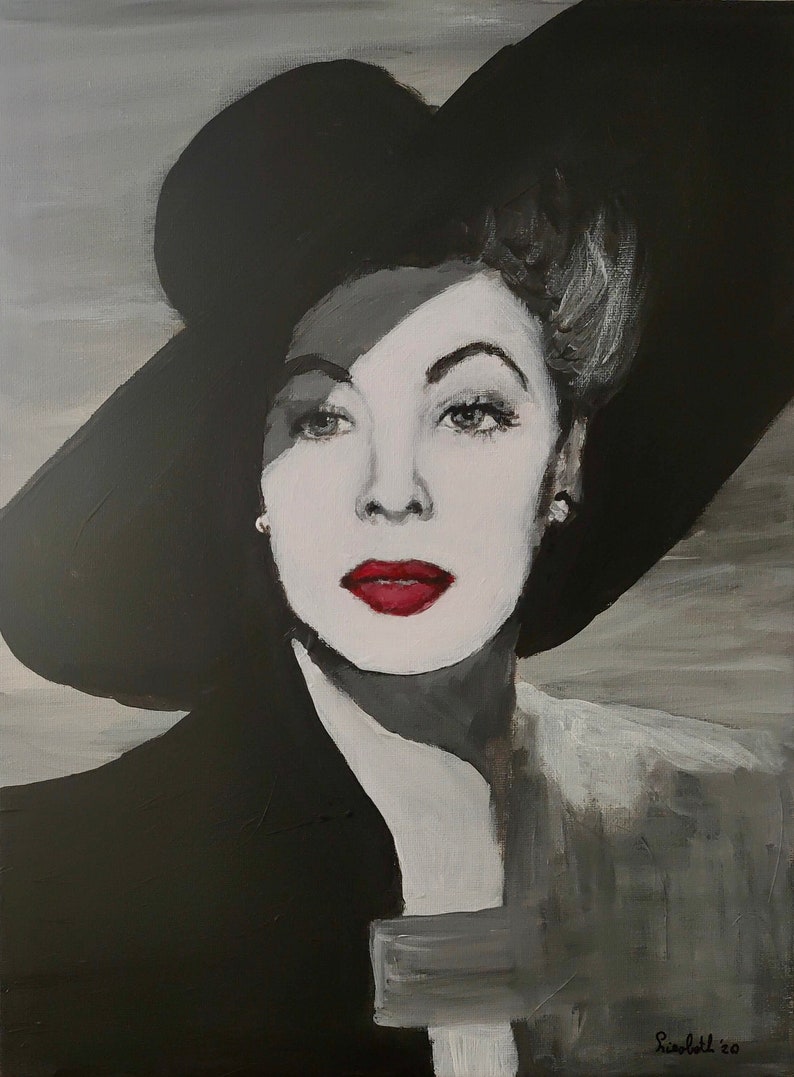 Original acrylic painting Mysterious lady with hat Black and image 3