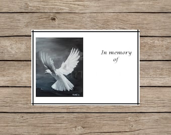 Printable funeral picture template card white dove design label tag In memory of / Im memoriam direct download print black and white DIY