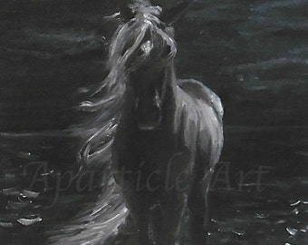 Origineel olieverf schilderij Zwart paard nacht muur kunstwerk fijne kunst dieren paarden online huis kamer inrichting galerie decoratie