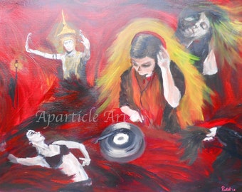 Original painting acrylic DJ music collage Rockstar bellydancer Thai manora dancer fine art red artwork home decor wall art