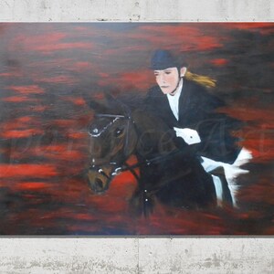 Acrylic painting on canvas horse and rider dark colors red black action painting art large original artwork handmade decor jumping horse image 2