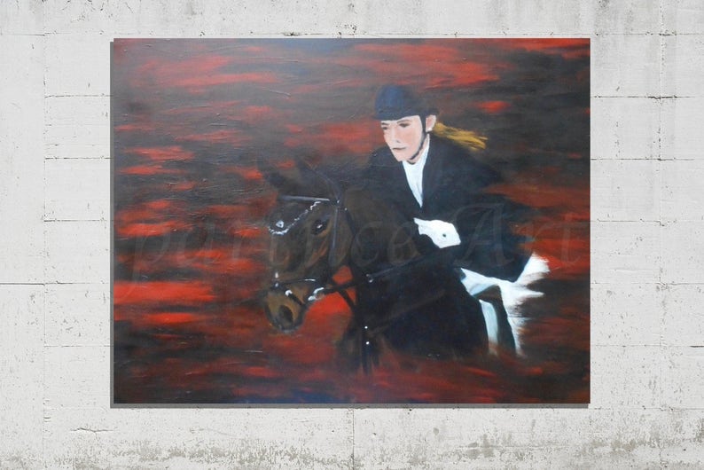 Acrylic painting on canvas horse and rider dark colors red black action painting art large original artwork handmade decor jumping horse image 2