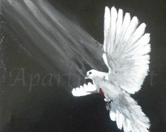 Flying wounded white dove painting black and white gray acrylic on canvas artwork animal nature pigeon small wall art home decor gallery