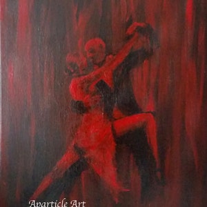 Original acrylic painting tango small artwork wall art acrylic on canvas fiery crimson red black dance couple artist image 1