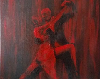 Pintura acrílica original tango pequeña obra de arte arte acrílico sobre lienzo ardiente carmesí rojo negro danza par artista