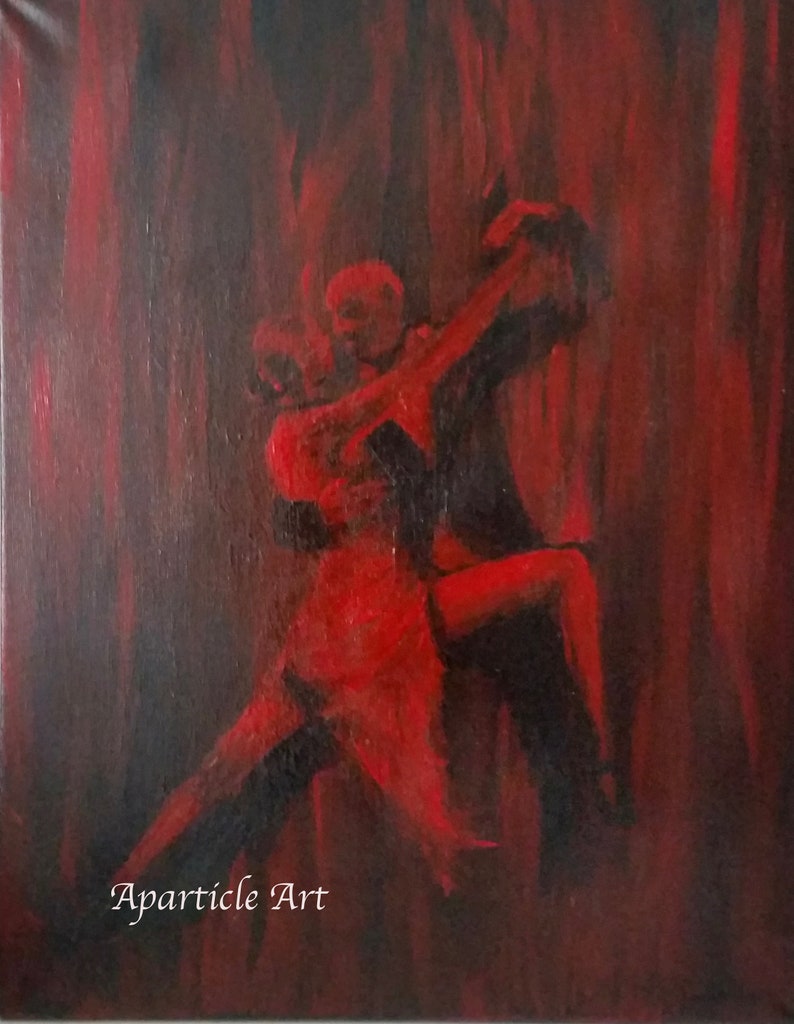Original acrylic painting tango small artwork wall art acrylic on canvas fiery crimson red black dance couple artist image 1