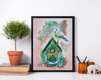 Printable art painting nesting birds Tomtits print direct download home décor wall art nature original fine wall artwork poster gifts