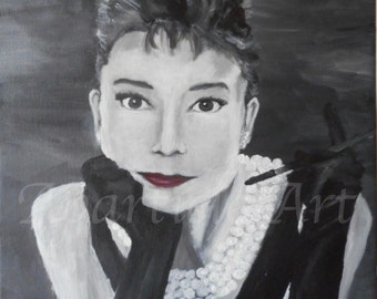 Pintura acrílica original Audrey Hepburn negro pinturas de arte en blanco "Desayuno en Tiffany's" arte arte decoración de la casa de arte