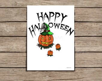 Happy Halloween pumpkins postcard card ecard / DIY printable digital art direct download / party holidays A4 artwork