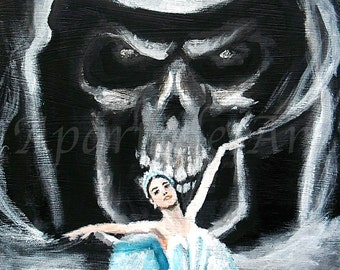 Pintura acrílica original arte oscuro Grimreaper y cisne blanco Prima Ballerina Cisne Lago fino juguetón arte de fantasía