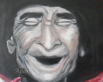 Origineel acryl schilderij Lachende oude man portret met hoed zwart wit kleur handgeschilderd kunstwerk fijne muurkunst huis inrichting