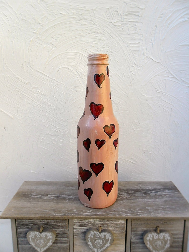 Hand Painted bottle Valentine / red hearts / pink and red / be mine / my Valentine / hand painted artwork / bottle art / gallery image 2