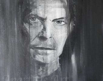 Original acrylic painting David Bowie black white portrait monochrome artwork wall art unique house decor decoration raining window