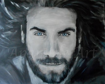 Original acrylic painting portrait man face artwork fine wall art black white blue eyes home room decor decorations handmade hand painted