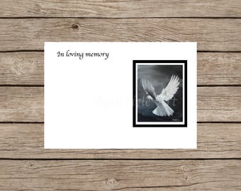 Funeral Card white dove In Loving Memory printable design label tag Im memoriam direct download print black and white hand-drawn prints