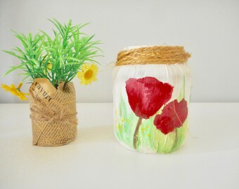 Colorful flowery hand painted jar spring and summer flowers house terrace garden floral decoration art on pots poppy daffodil Tree of Life