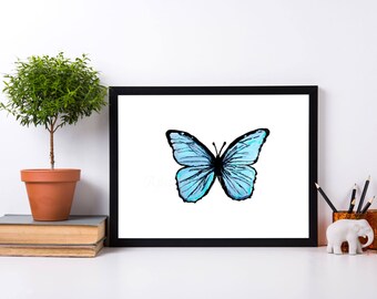 Blue butterfly hand drawn print download digital poster photo art drawing JPEG and PDF files artwork unique gift