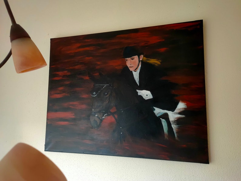Acrylic painting on canvas horse and rider dark colors red black action painting art large original artwork handmade decor jumping horse image 3
