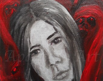 Gray silver women face portrait with red demons / "Because it's all in your head" / dark art / wall art / acrylic on canvas