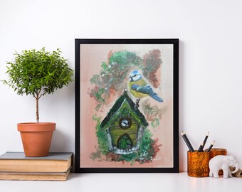 Blue tits nesting birds acrylic painting small wall art original nature paintings torque unique gift Tomtits breeding tits home decoration