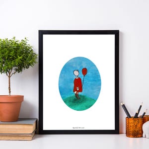 Puede incluir: Una ilustración enmarcada de una persona con un vestido rojo sosteniendo un globo rojo, de pie en una colina verde sobre un fondo de cielo azul. El texto "Spread the love" está en la parte inferior de la ilustración.