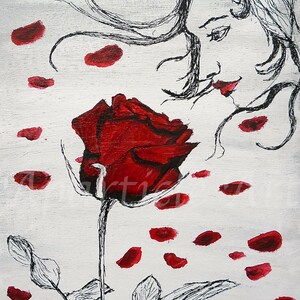 May include: A black and white drawing of a woman with long hair blowing in the wind, looking at a single red rose with petals falling to the ground. The background is white with a textured surface.